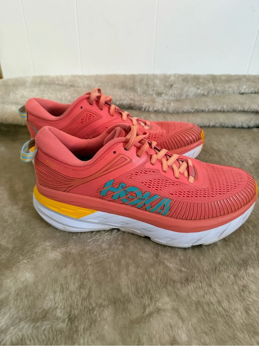 HOKA Bondi 7  Coral and Turquoise Women's Running Shoe
